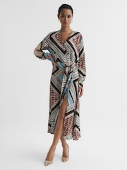 Reiss Pink/Blue Alegra Scarf Print Midi Dress - Image 1 of 7