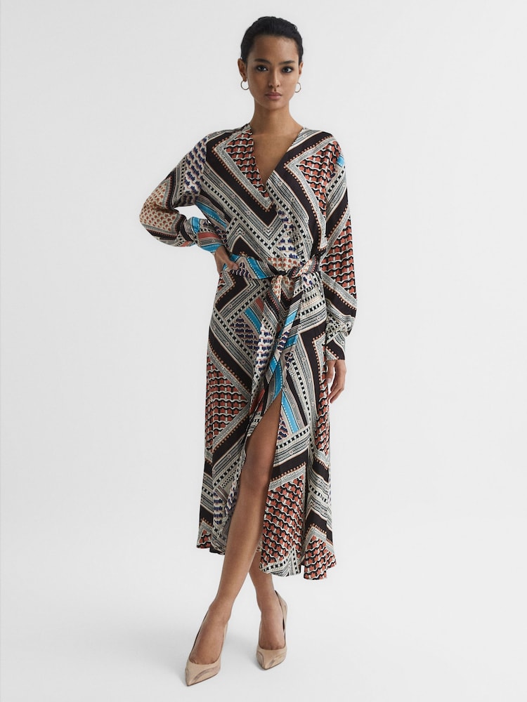 Reiss Pink/Blue Alegra Scarf Print Midi Dress - Image 1 of 7