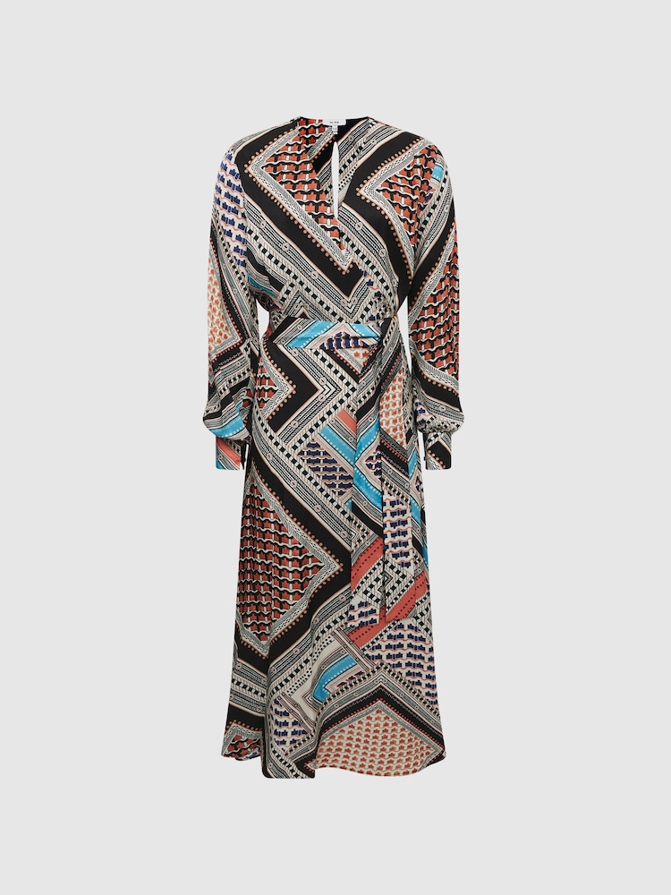 Reiss Pink/Blue Alegra Scarf Print Midi Dress - Image 2 of 7