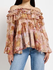 River Island Ruffle Bardot Brown T-Shirt - Image 1 of 4