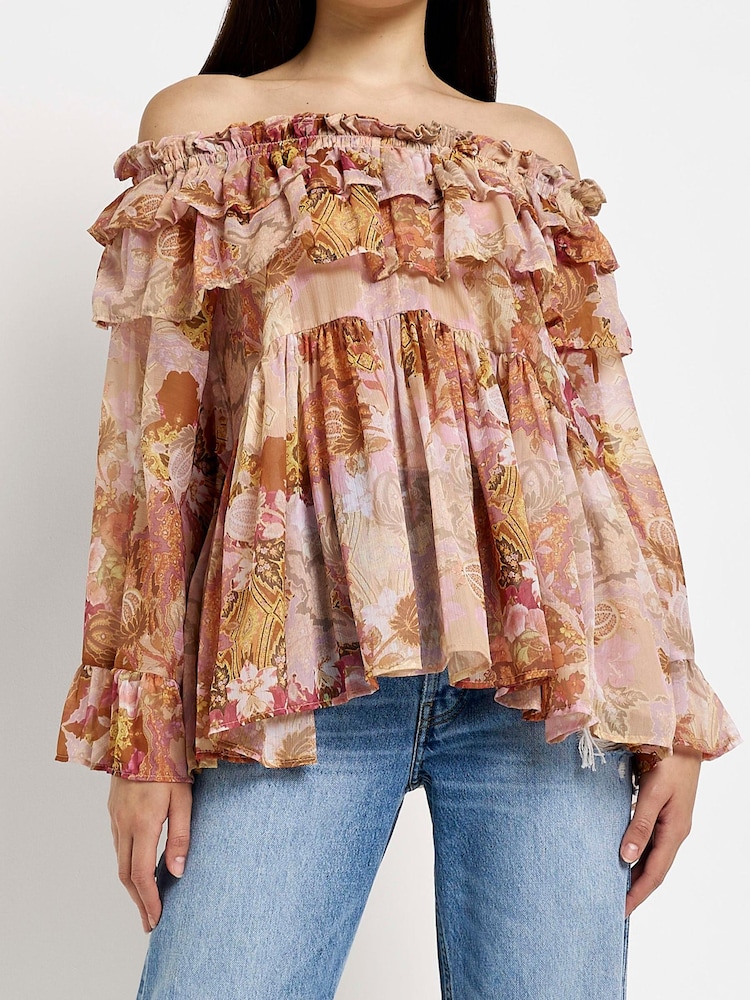 River Island Ruffle Bardot Brown T-Shirt - Image 1 of 4 River Island Ruffle Bardot Brown T-Shirt - Image 1 of 4