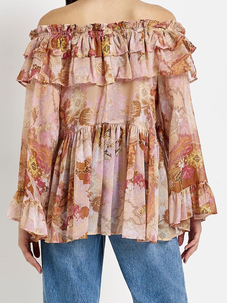 River Island Ruffle Bardot Brown T-Shirt - Image 2 of 4 River Island Ruffle Bardot Brown T-Shirt - Image 2 of 4