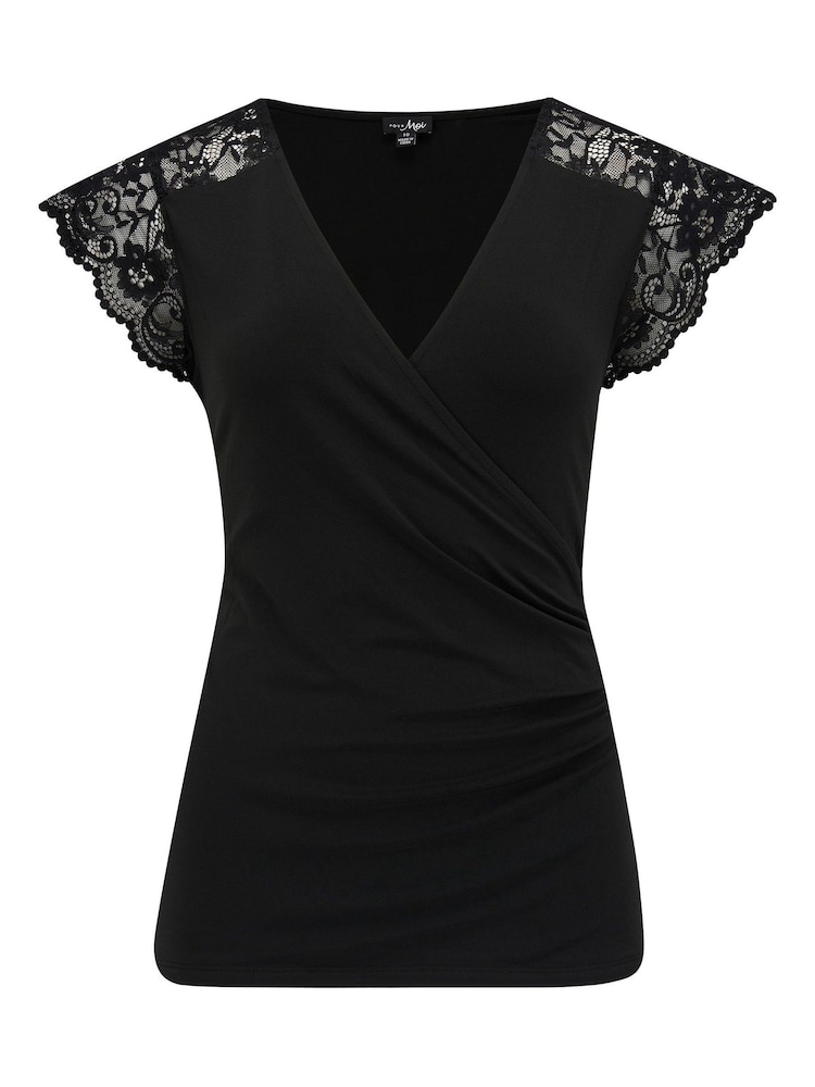 Pour Moi Black Julie Fuller Bust Slinky Jersey Lace Trim Wrap Top - Image 4 of 5