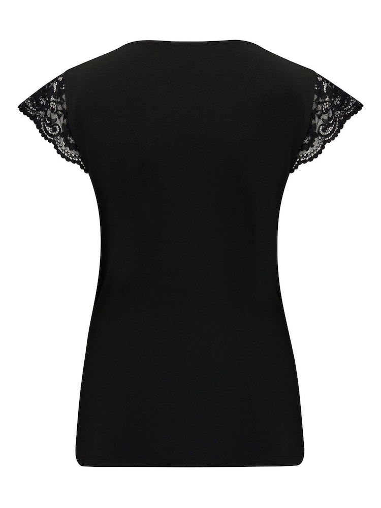 Pour Moi Black Julie Fuller Bust Slinky Jersey Lace Trim Wrap Top - Image 5 of 5