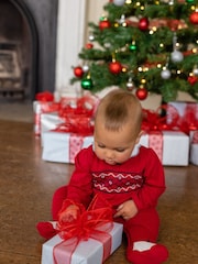 Emile Et Rose Red Embroidered Scallop Christmas 100% Cotton All-In-One - Image 3 of 5