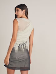 Cream and Grey Blurred Print Sleeveless Mesh Mini Dress - Image 2 of 6