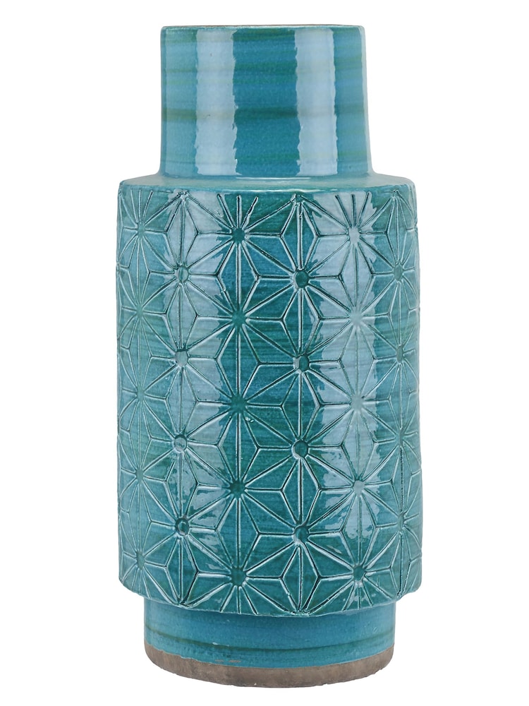 Pacific Aquamarine Blue Sidra Stoneware Etch Detail Vase - Image 2 of 4