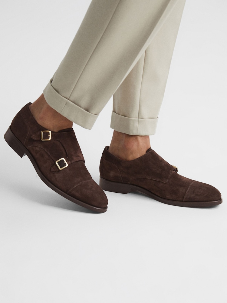 Reiss Chocolate Rivington Leather Monk Strap Shoes - Image 2 of 7
