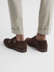 Reiss Chocolate Rivington Leather Monk Strap Shoes - Image 3 of 7
