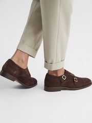 Reiss Chocolate Rivington Leather Monk Strap Shoes - Image 6 of 7