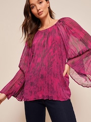Pink Abstract Print Long Sleeve Pleated Top - Image 1 of 5