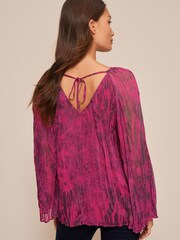 Pink Abstract Print Long Sleeve Pleated Top - Image 2 of 5