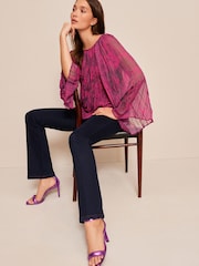 Pink Abstract Print Long Sleeve Pleated Top - Image 3 of 5