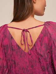 Pink Abstract Print Long Sleeve Pleated Top - Image 4 of 5