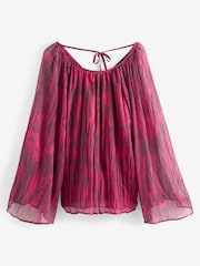 Pink Abstract Print Long Sleeve Pleated Top - Image 5 of 5