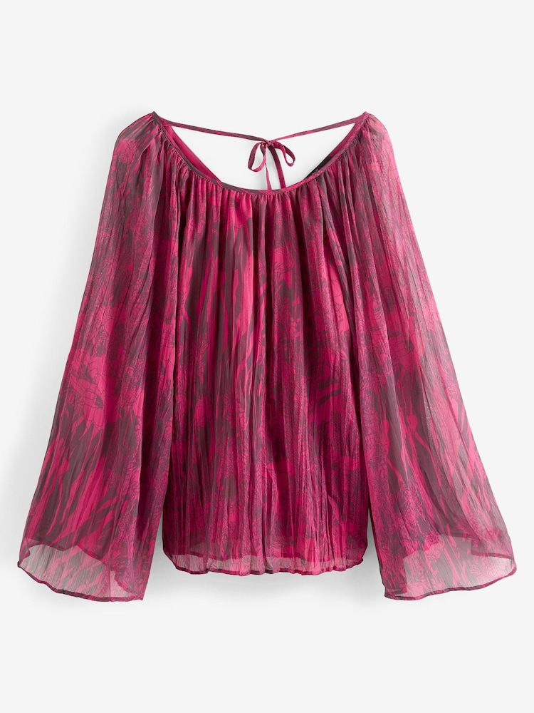 Pink Abstract Print Long Sleeve Pleated Top - Image 5 of 5