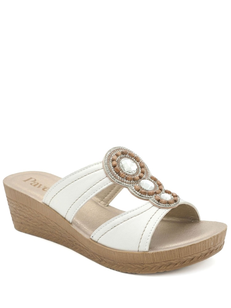 Pavers White Jewelled Wedge Heel Mule Sandals - Image 1 of 5 Pavers White Jewelled Wedge Heel Mule Sandals - Image 1 of 5