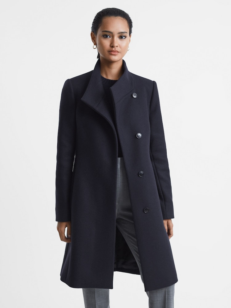 Reiss Navy Mia Wool Blend Mid-Length Coat - Image 1 of 6