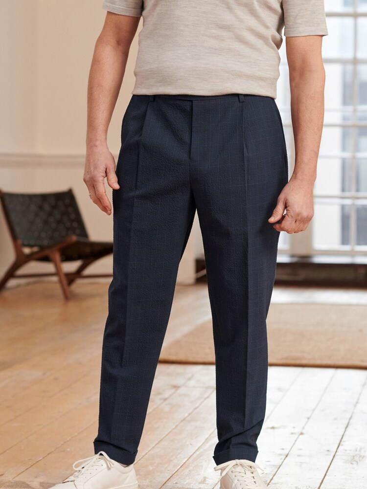 Navy Blue Relaxed Fit Seersucker Check Suit: Trousers - Image 1 of 1