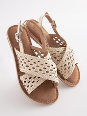 Weiß - Ledersandalen mit überkreuzten Stoffriemchen - Bild 1 von 5