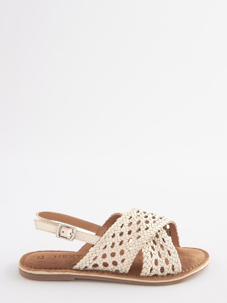 Weiß - Ledersandalen mit überkreuzten Stoffriemchen - Bild 2 von 5