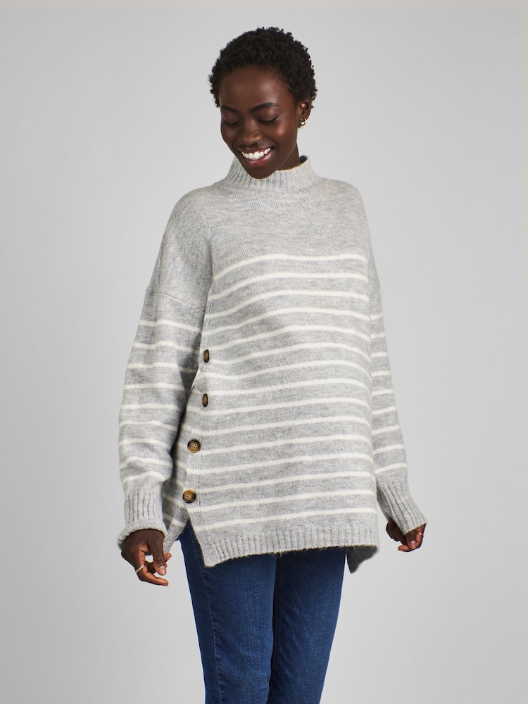 JoJo Maman Bébé Marl Grey Stripe Turtle Neck Maternity & Nursing Jumper - Image 1 of 5