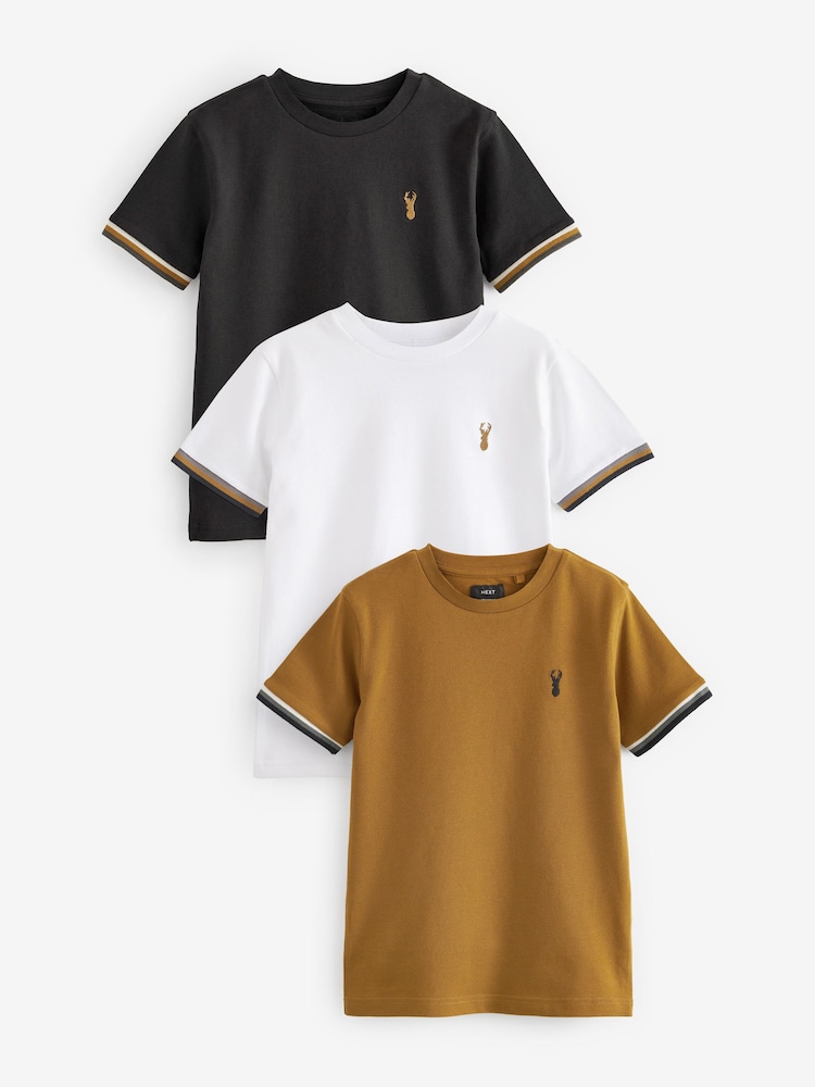 Tan Brown/Black Tipped Short Sleeve T-Shirts 3 Pack (3-16yrs) - Image 1 of 9 Tan Brown/Black Tipped Short Sleeve T-Shirts 3 Pack (3-16yrs) - Image 1 of 9