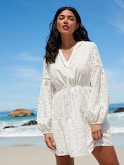White Long Sleeve Broderie Summer Dress - Image 1 of 5