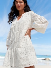 White Long Sleeve Broderie Summer Dress - Image 3 of 5