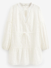 White Long Sleeve Broderie Summer Dress - Image 5 of 5
