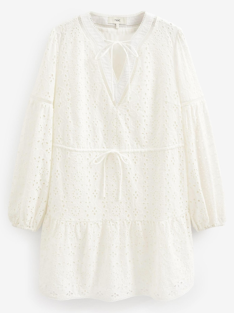 White Long Sleeve Broderie Summer Dress - Image 5 of 5