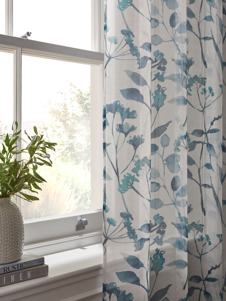 Blue Isla Floral Printed Eyelet Unlined Sheer Panel Voile Curtain - Image 3 of 5