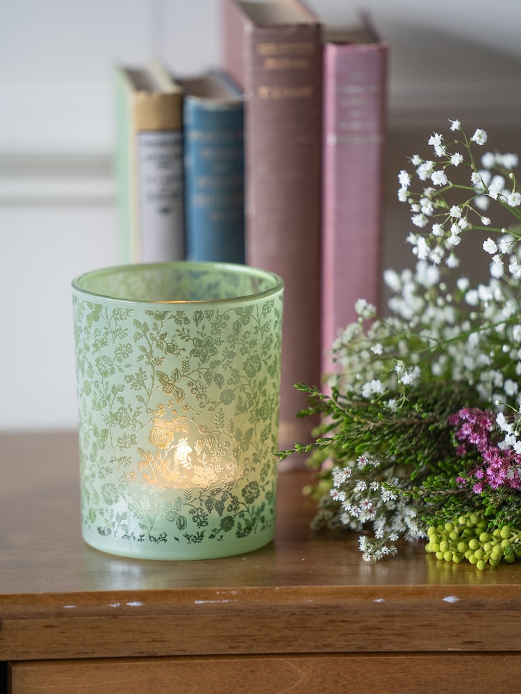Laura Ashley Green Glass Hurricane Lantern Candle Holder - Image 1 of 4