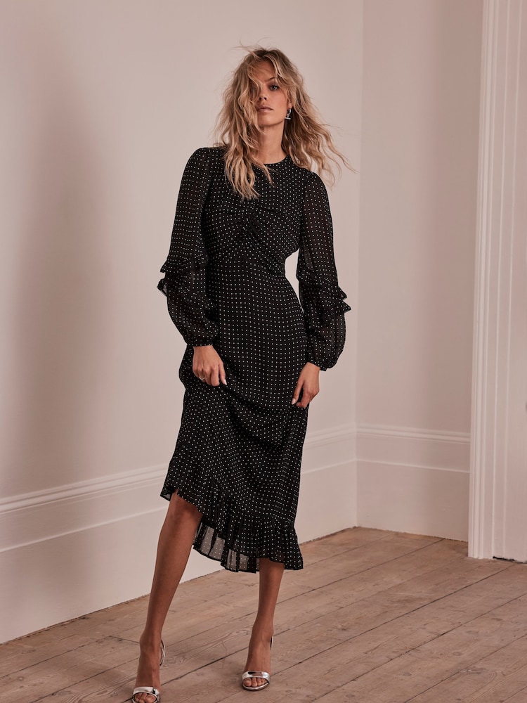 Mint Velvet Black Print Ruffle Midi Dress - Image 1 of 3