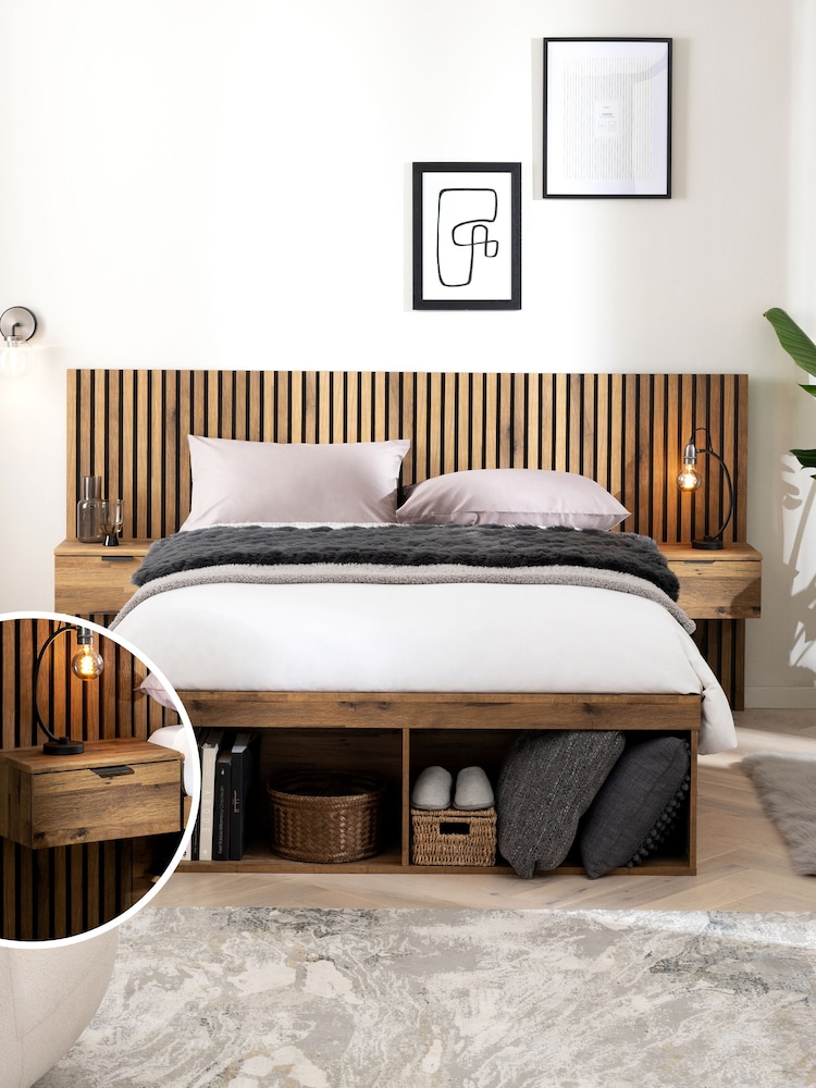 Oak Effect Bronx Wooden Hotel Bed Frame with Platform Storage and Bedside Tables - Image 1 of 6