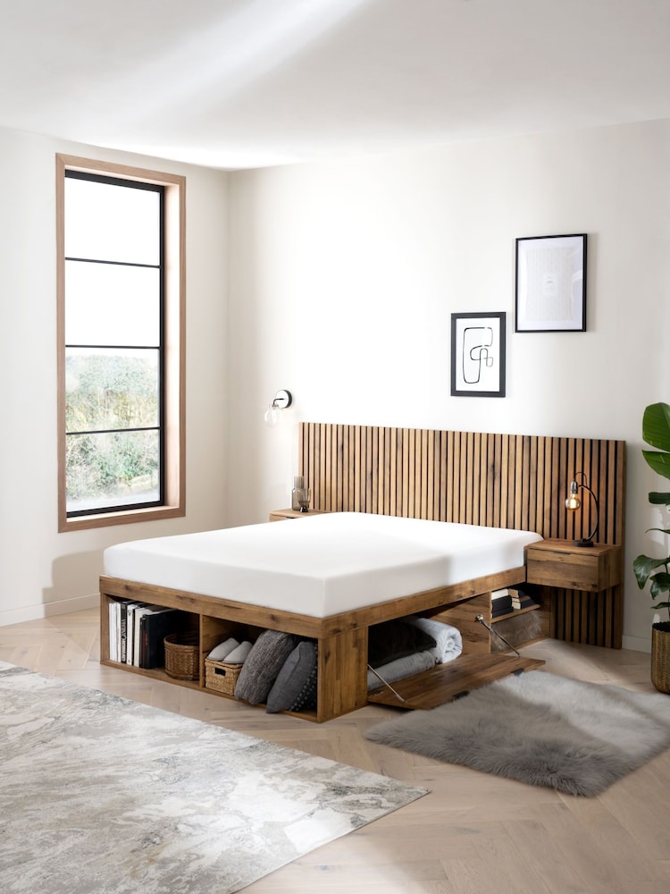 Oak Effect Bronx Wooden Hotel Bed Frame with Platform Storage and Bedside Tables - Image 2 of 6