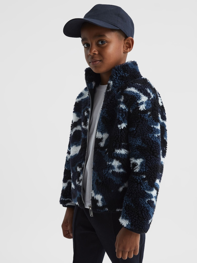 Reiss Blue Camo Freddie Junior Zip-Front Camouflage Jumper - Image 1 of 7 Reiss Blue Camo Freddie Junior Zip-Front Camouflage Jumper - Image 1 of 7