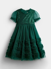 JoJo Maman Bébé Emerald Green Sequin & Tulle Bow Party Dress - Image 2 of 5