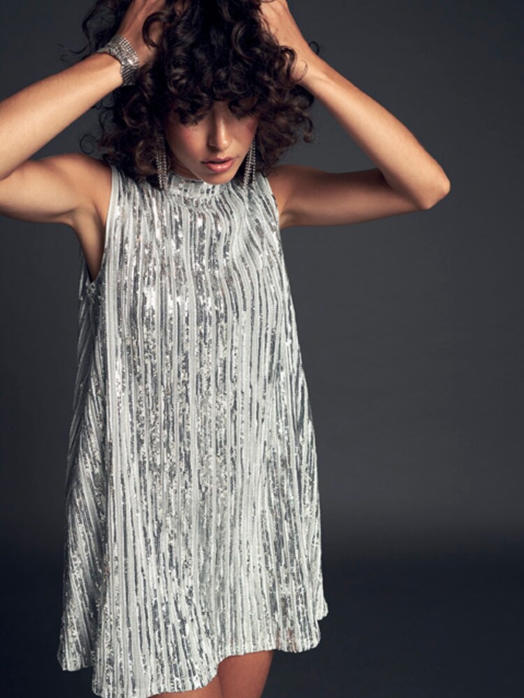 Superdry Silver Sleeveless Sequin A-Line Mini Dress - Image 1 of 5