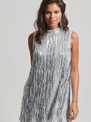 Superdry Silver Sleeveless Sequin A-Line Mini Dress - Image 2 of 5