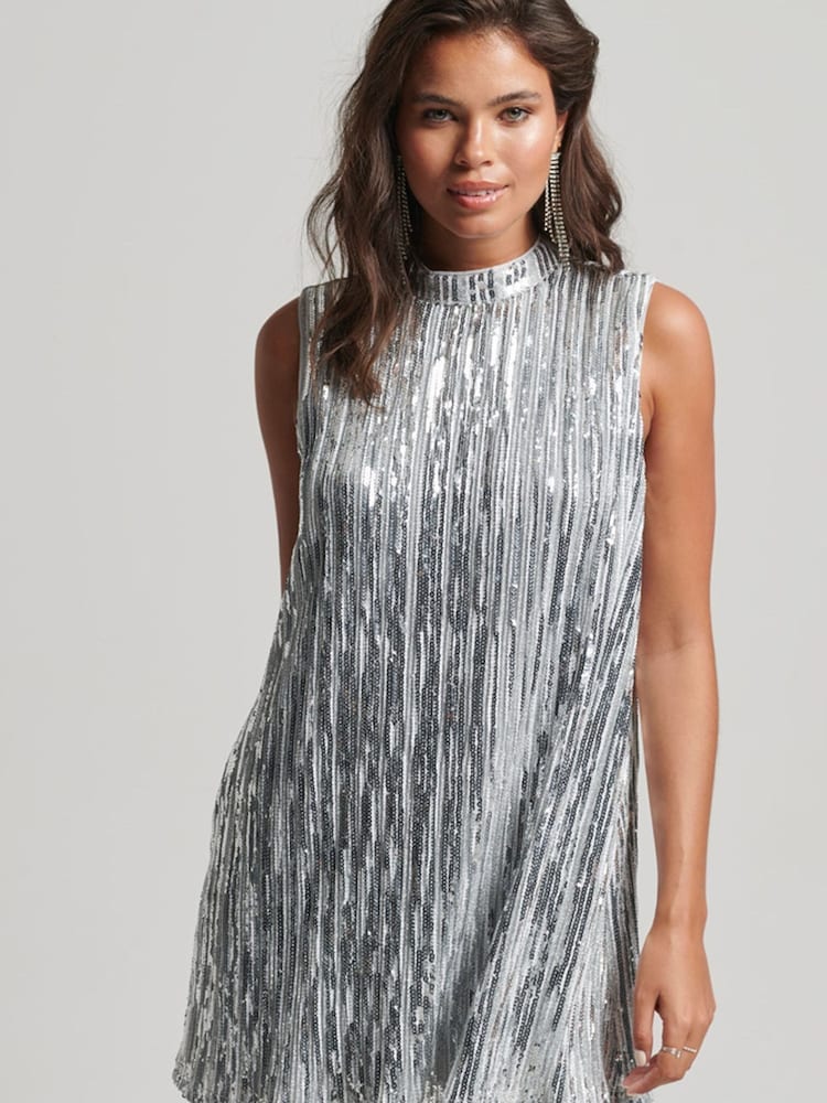 Superdry Silver Sleeveless Sequin A-Line Mini Dress - Image 2 of 5