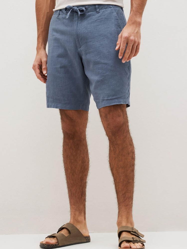 Blue Drawstring Linen Blend Shorts - Image 1 of 6 Blue Drawstring Linen Blend Shorts - Image 1 of 6