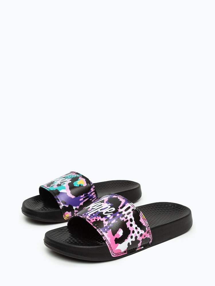 Hype. Unisex Purple Leopard Animal Script Sliders - Image 1 of 4