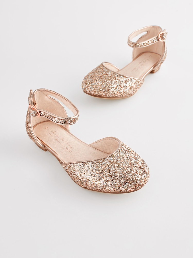 Rose Gold Glitter Occasion Ankle Strap Low Heel Shoes - Image 1 of 10
