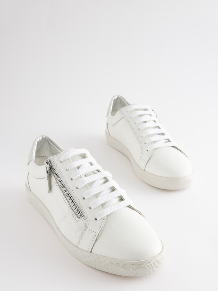 White Wide Fit Signature Leather Side Zip Trainers - Image 1 of 5
