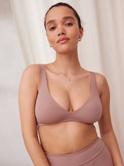 self. Mink Brown Ribbed Non Wire Plunge Pull-On Crop Bra - Image 1 of 7