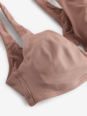 self. Mink Brown Ribbed Non Wire Plunge Pull-On Crop Bra - Image 6 of 7
