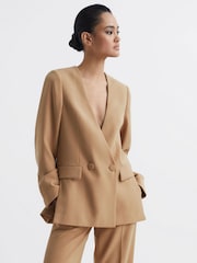 Reiss Neutral Margeaux Collarless Double Breasted Suit Blazer - Image 1 of 6