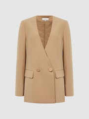 Reiss Neutral Margeaux Collarless Double Breasted Suit Blazer - Image 2 of 6
