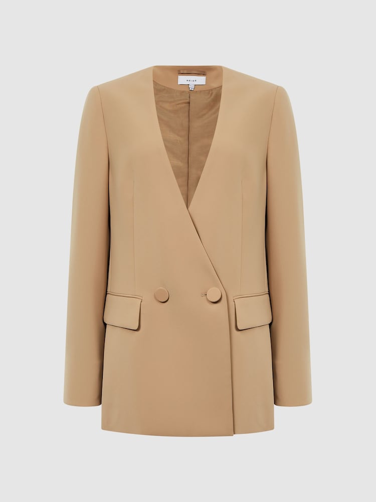Reiss Neutral Margeaux Collarless Double Breasted Suit Blazer - Image 2 of 6